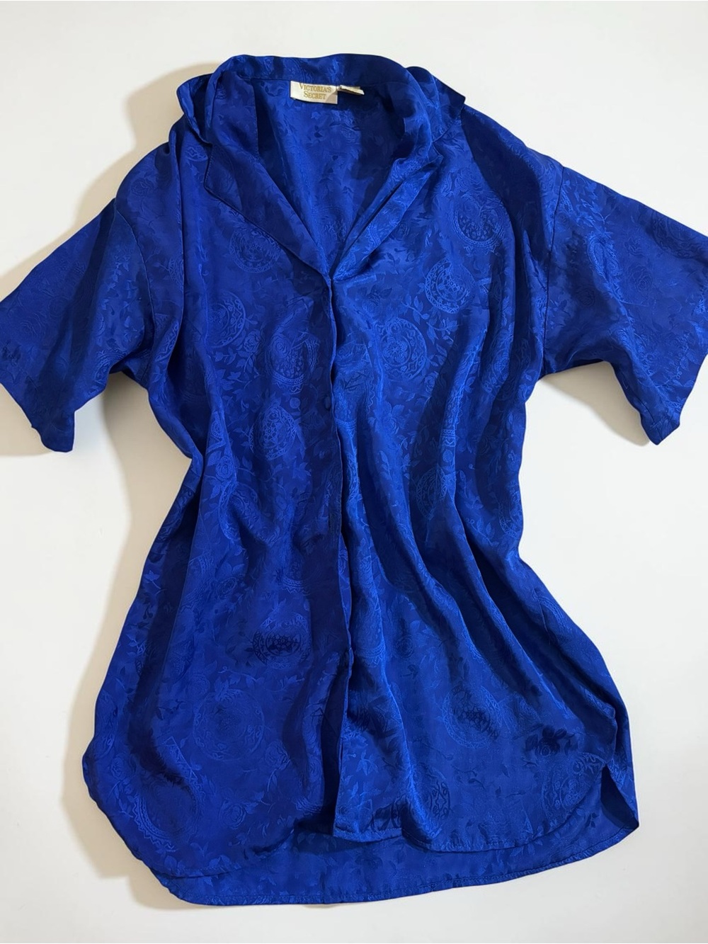 Vintage 90s Victoria’s Secret Blue Satin Jacquard Button-Up Sleep Dress XS/S